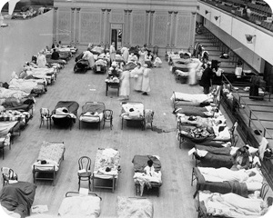 Stretchers with sick people in a care center.